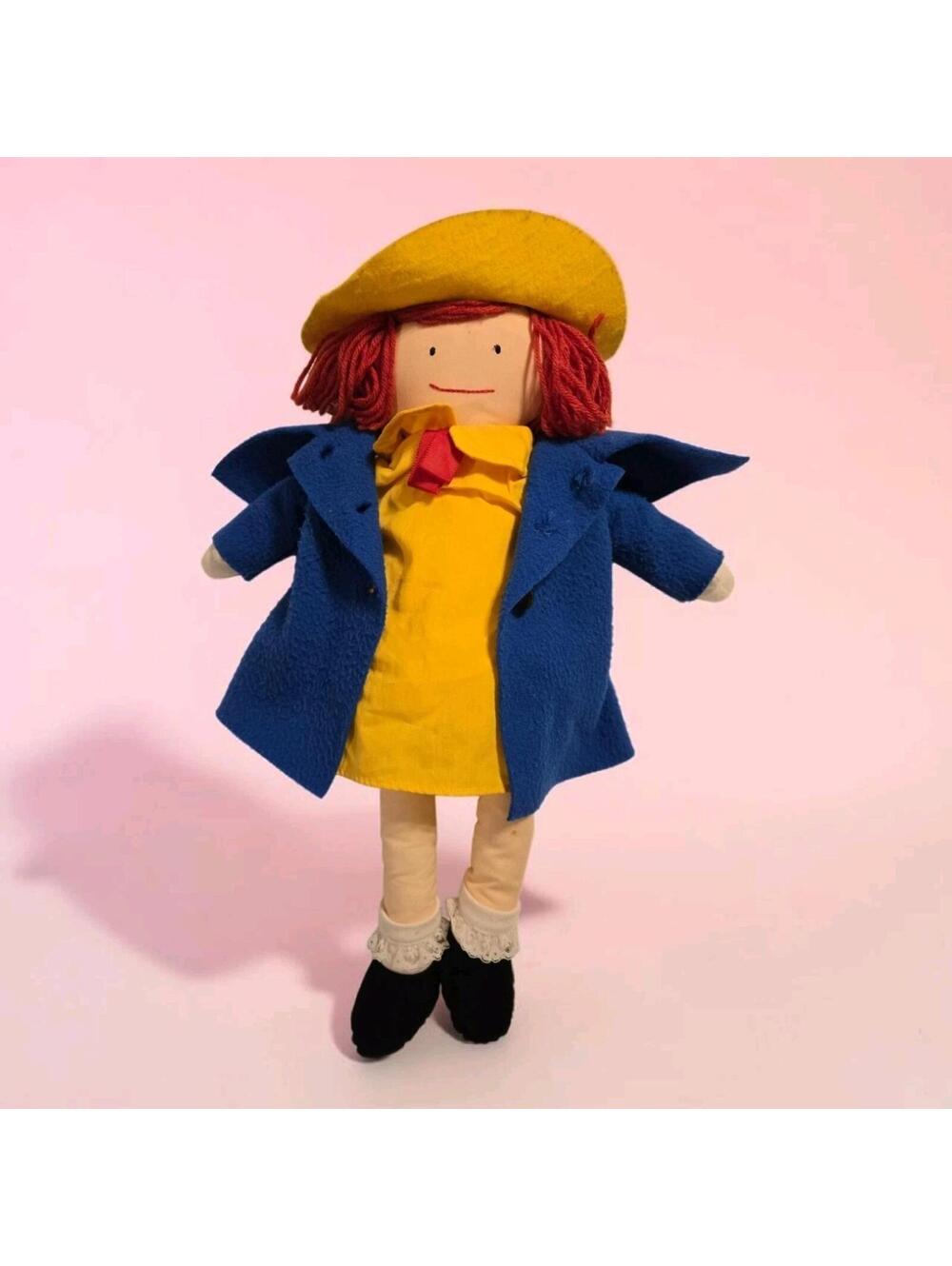 Madeline Doll Vtg Eden 1990 16” Dressable Soft Rag Doll Yellow Hat Buttons Coat